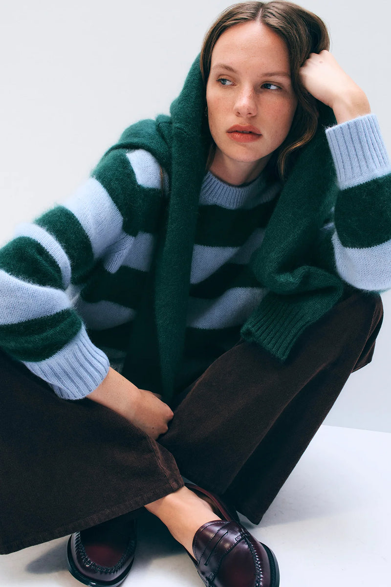 Brushed Cashmere Striped Crew in Blue Tealwood