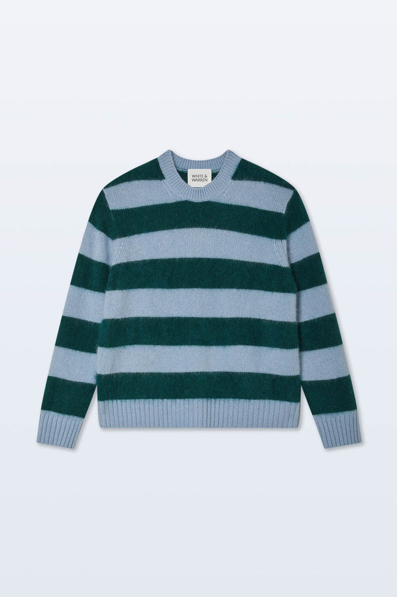 Brushed Cashmere Striped Crew in Blue Tealwood