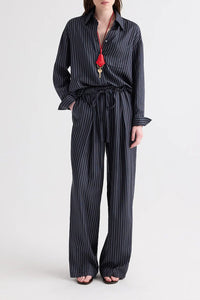 PJ Pant in Evening Stripe on Silk Blue Night Turkish Coffee