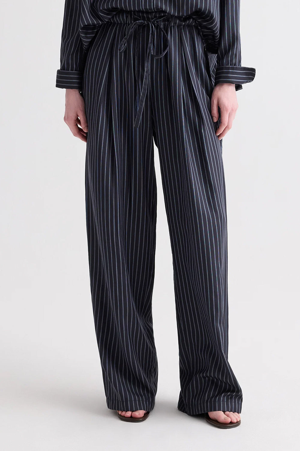 PJ Pant in Evening Stripe on Silk Blue Night Turkish Coffee