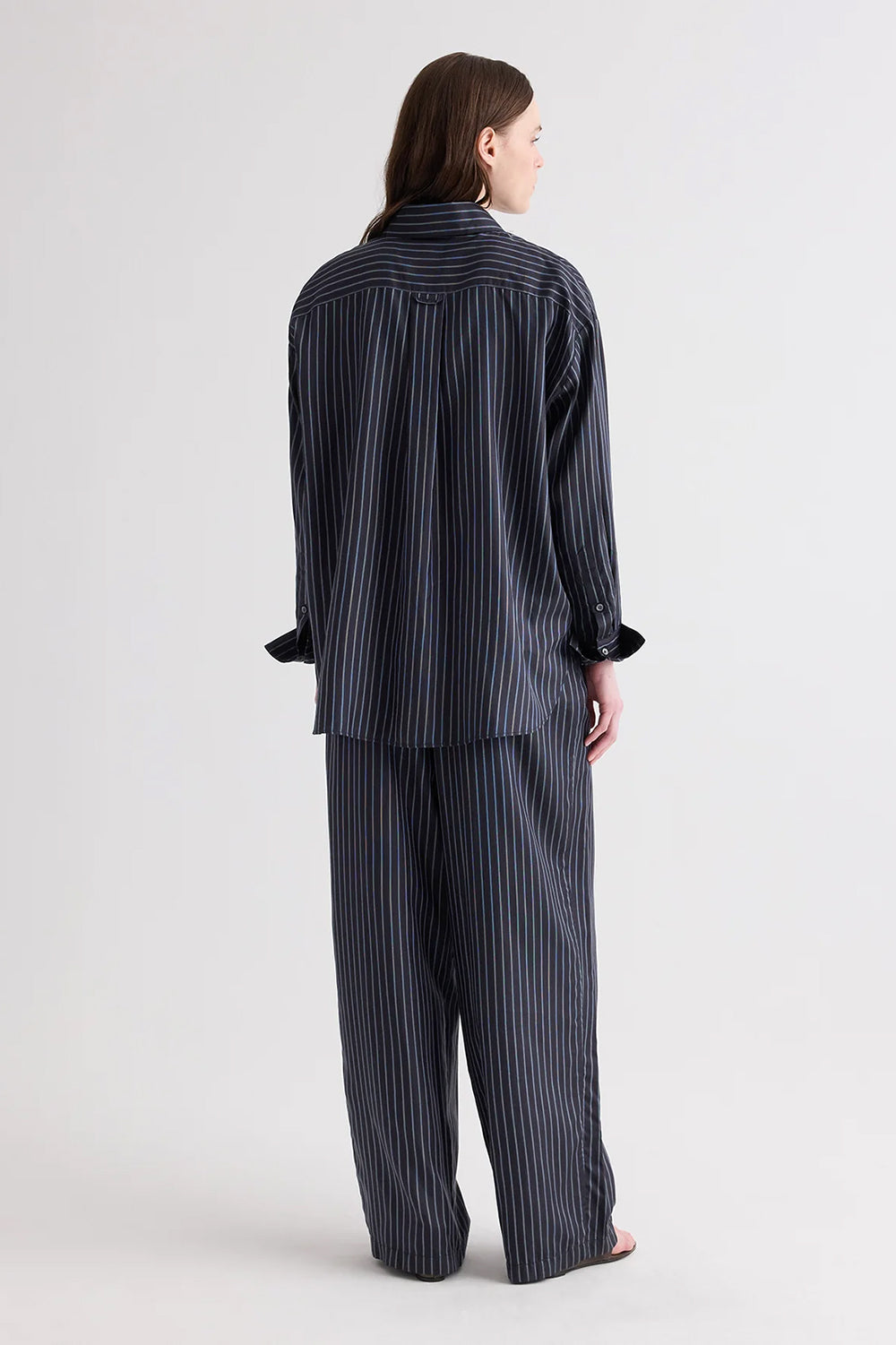 PJ Pant in Evening Stripe on Silk Blue Night Turkish Coffee