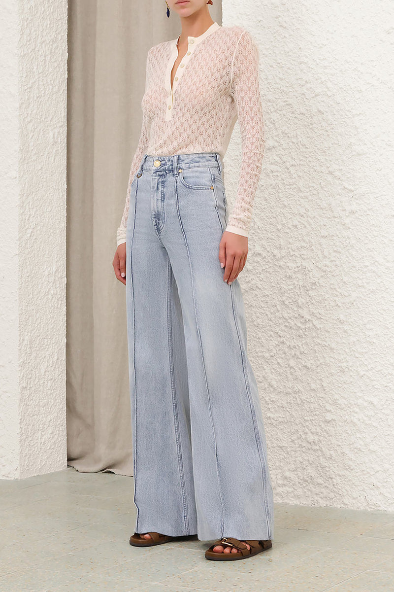 Lace Knit Buttoned Top in Parchment