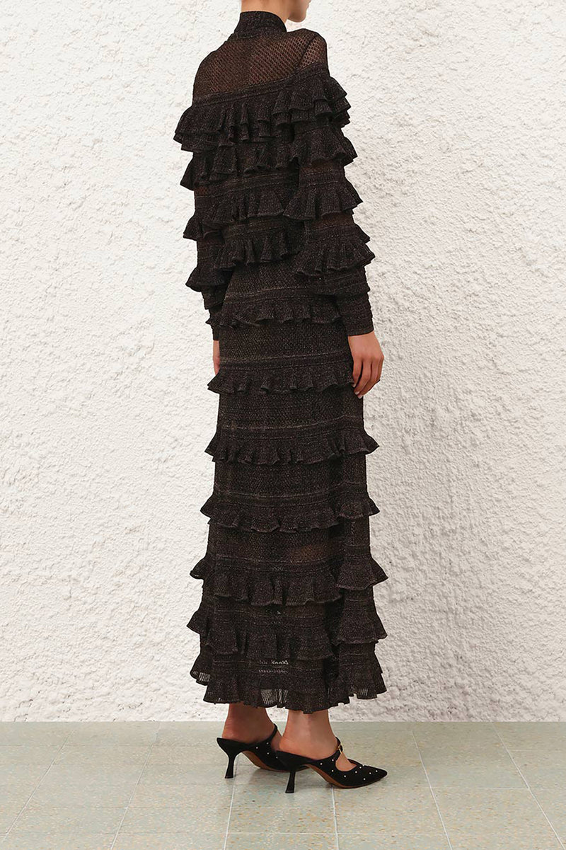 Rebellion Frill Tie Neck Top in Metallic Black