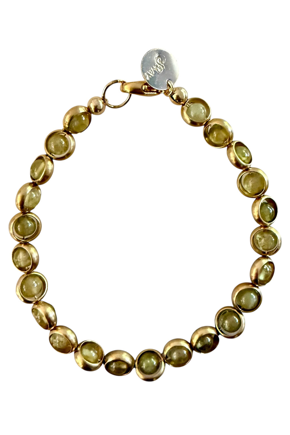 Gemstone Inside Gold Tone Rings Bracelet in Green Garnet