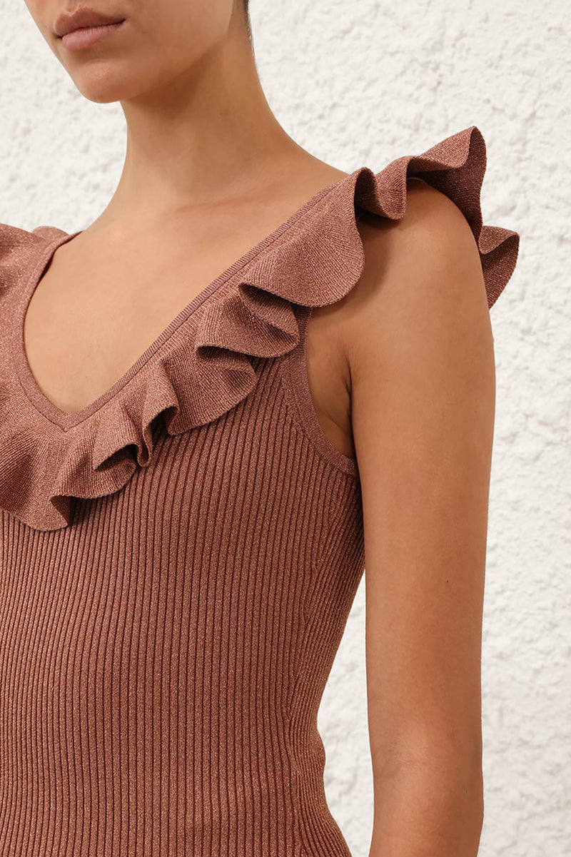 Wanderlust Metallic Frill Top in Metallic Dusty Rose