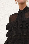 Rebellion Frill Tie Neck Top in Metallic Black
