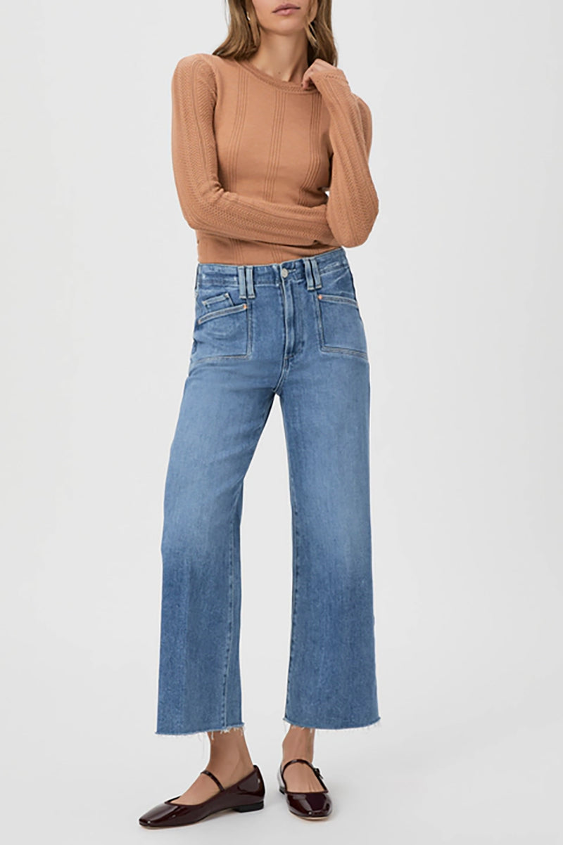 Anessa Wide Leg Jean with Set In Pockets & Raw Hem in Sunnie Distressed