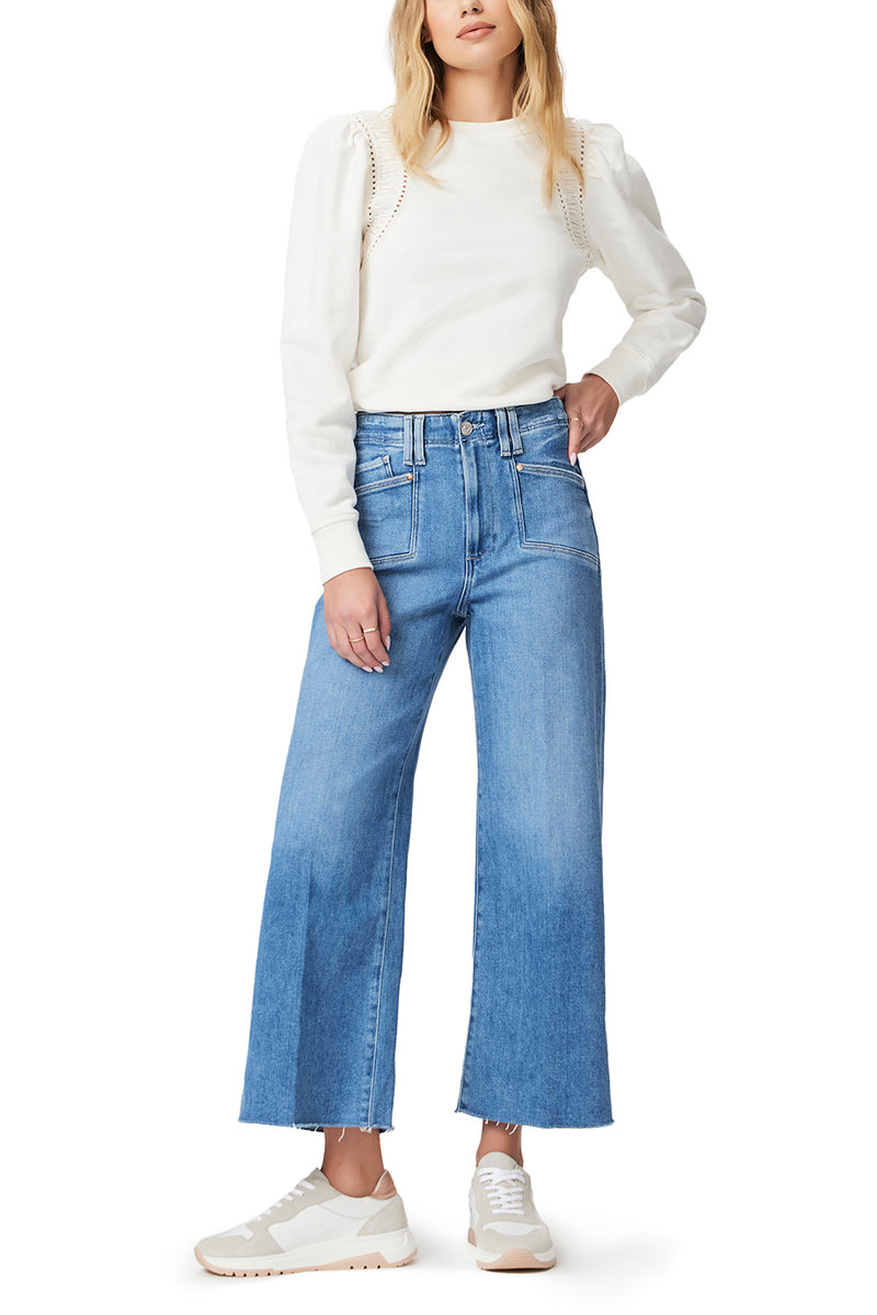 Anessa Wide Leg Jean with Set In Pockets & Raw Hem in Sunnie Distressed