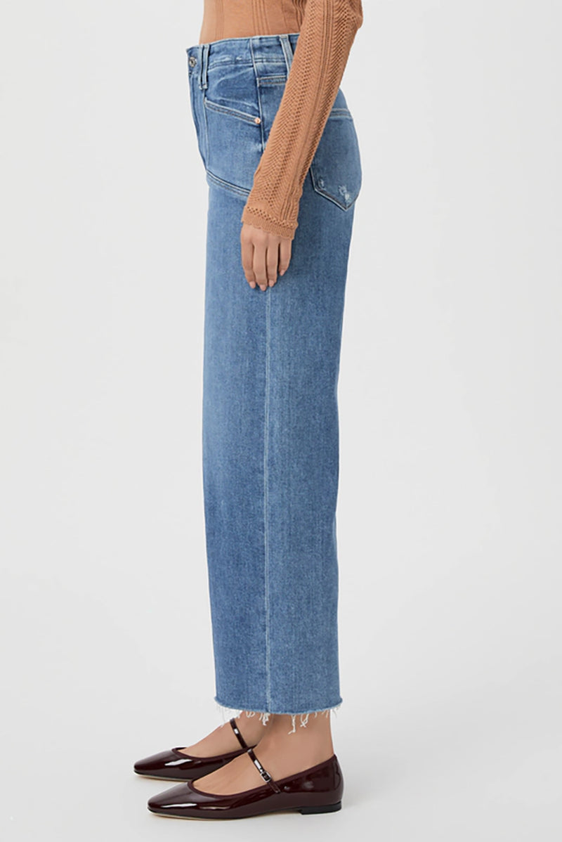 Anessa Wide Leg Jean with Set In Pockets & Raw Hem in Sunnie Distressed