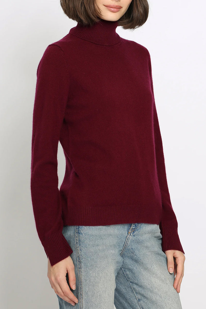 Cashmere Turtleneck Pullover w/ Slit Sleeve Detail in bordeaux