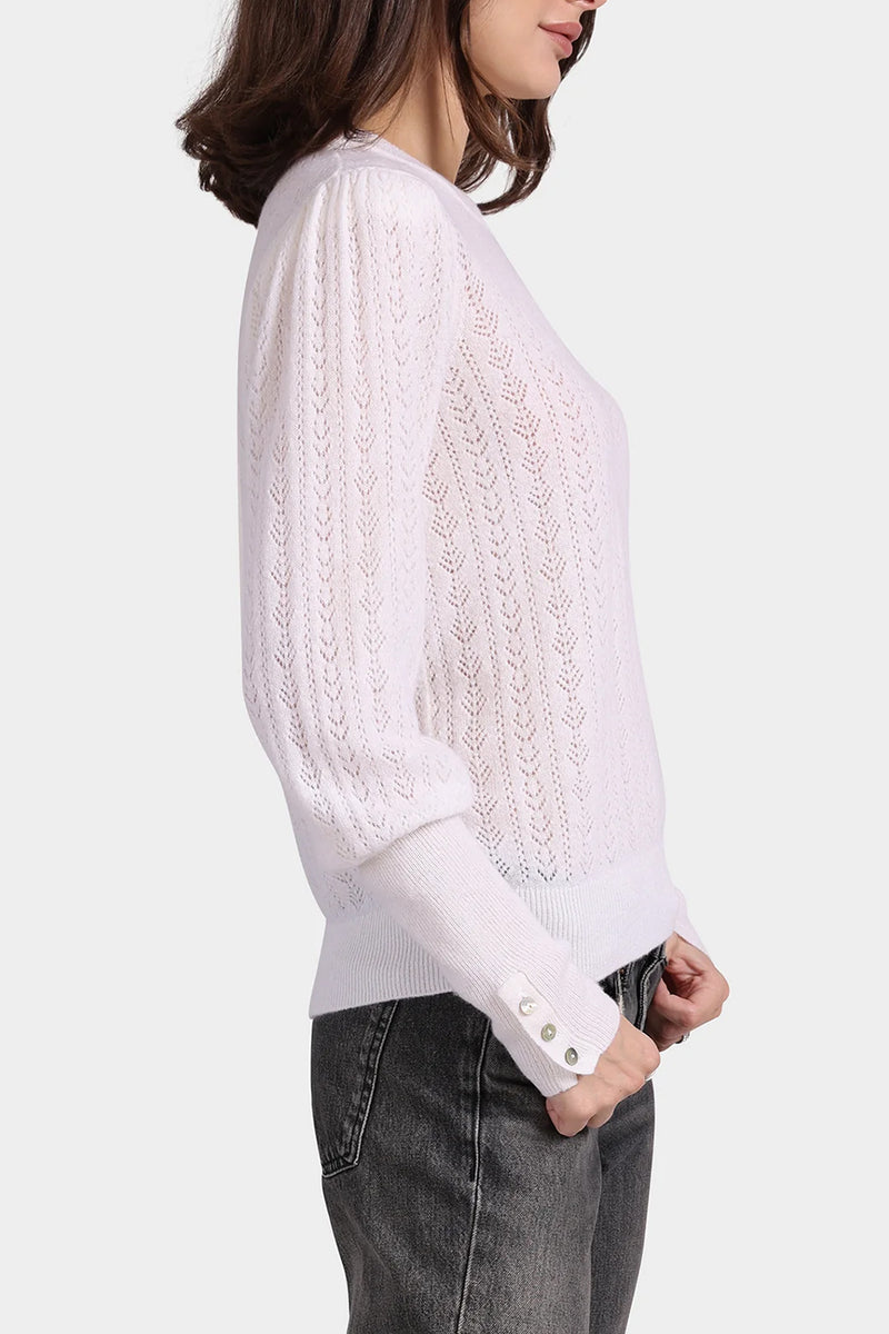 Cashmere Blousant Sleeve Crew Neck Pullover in White