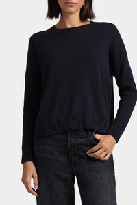 Cotton Cashmere Boxy Crew Neck Top in Navy