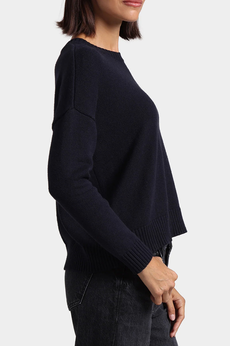 Cotton Cashmere Boxy Crew Neck Top in Navy