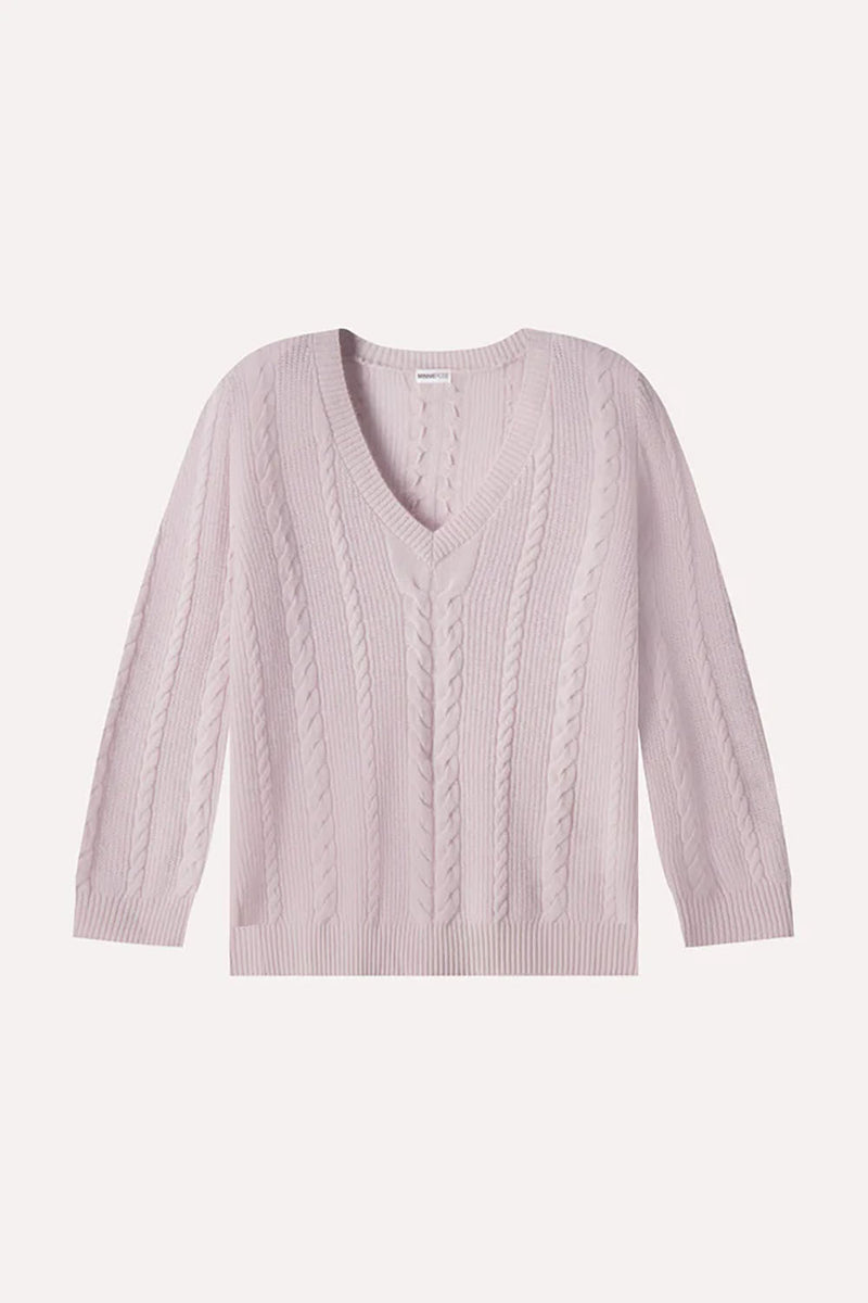 Cashmere Novelty Cable V Neck in Fog