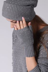 Cotton Cashmere Rhinestone Fingerless Gloves in Grey Shadow