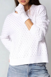 Cotton Cashmere Rhinestone Fingerless Gloves in White