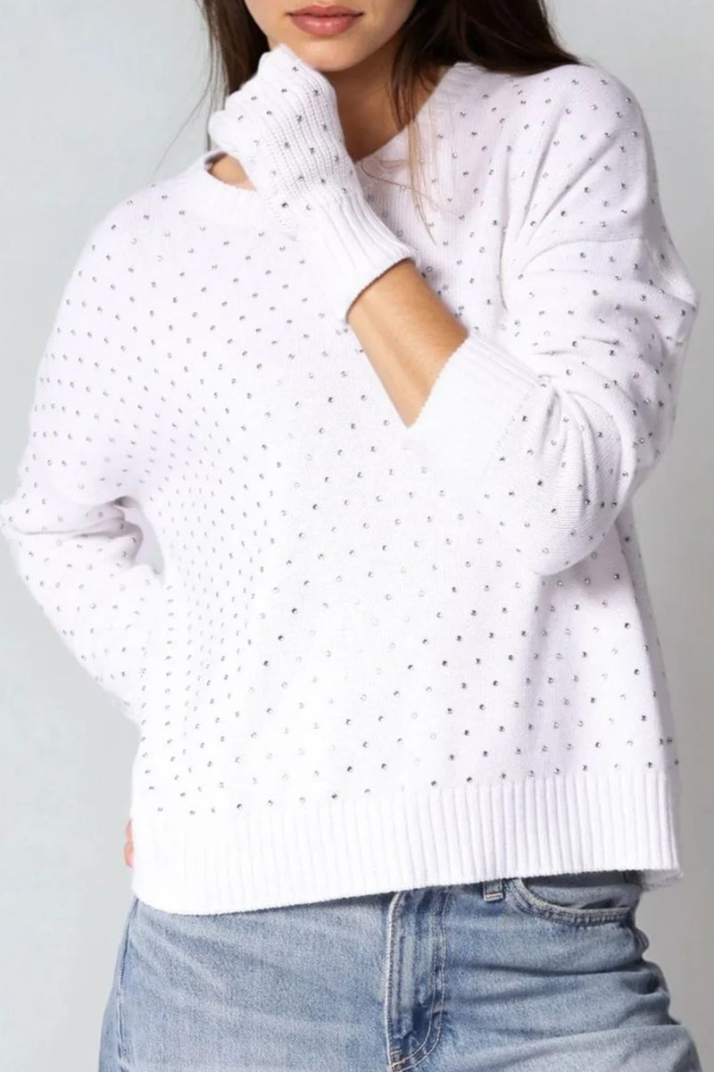 Cotton Cashmere Rhinestone Fingerless Gloves in White