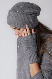 Cotton Cashmere Rhinestone Shaker Beanie Hat in Grey Shadow