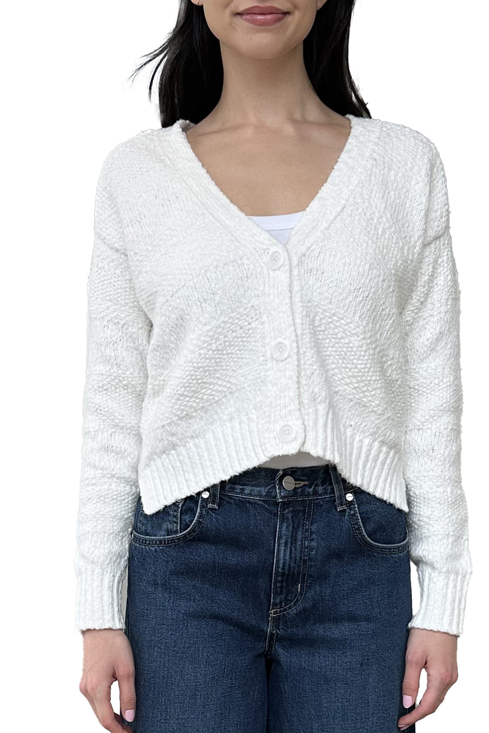 Solid Cropped V Neck Cardigan in White