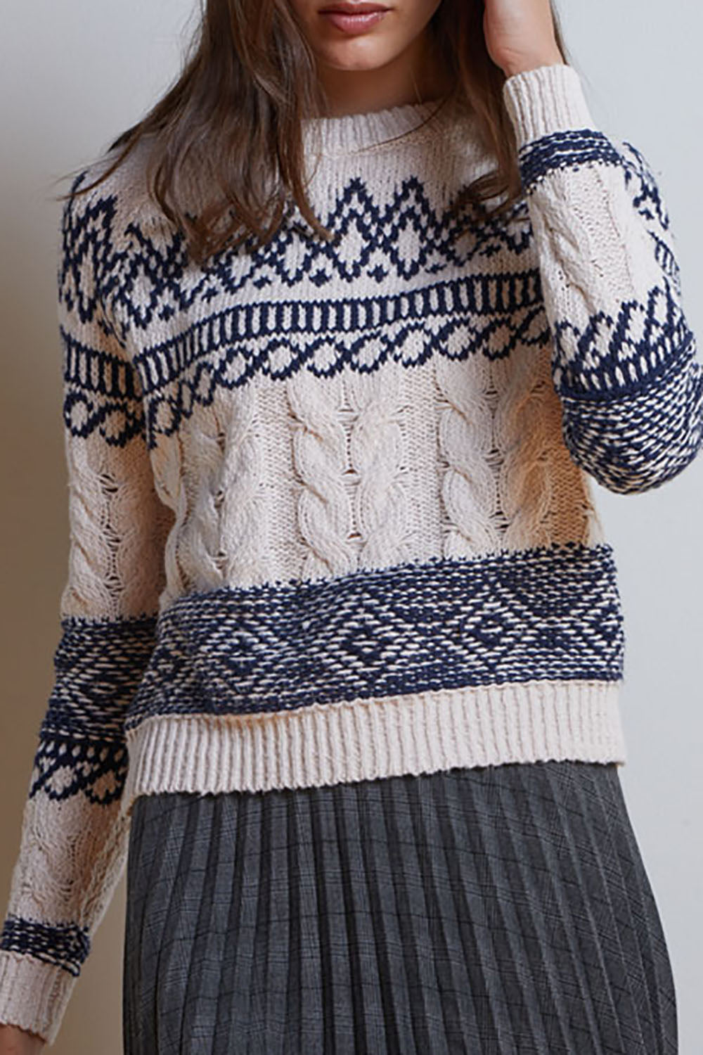 Fair Isle Cable Crew in Navy Sand