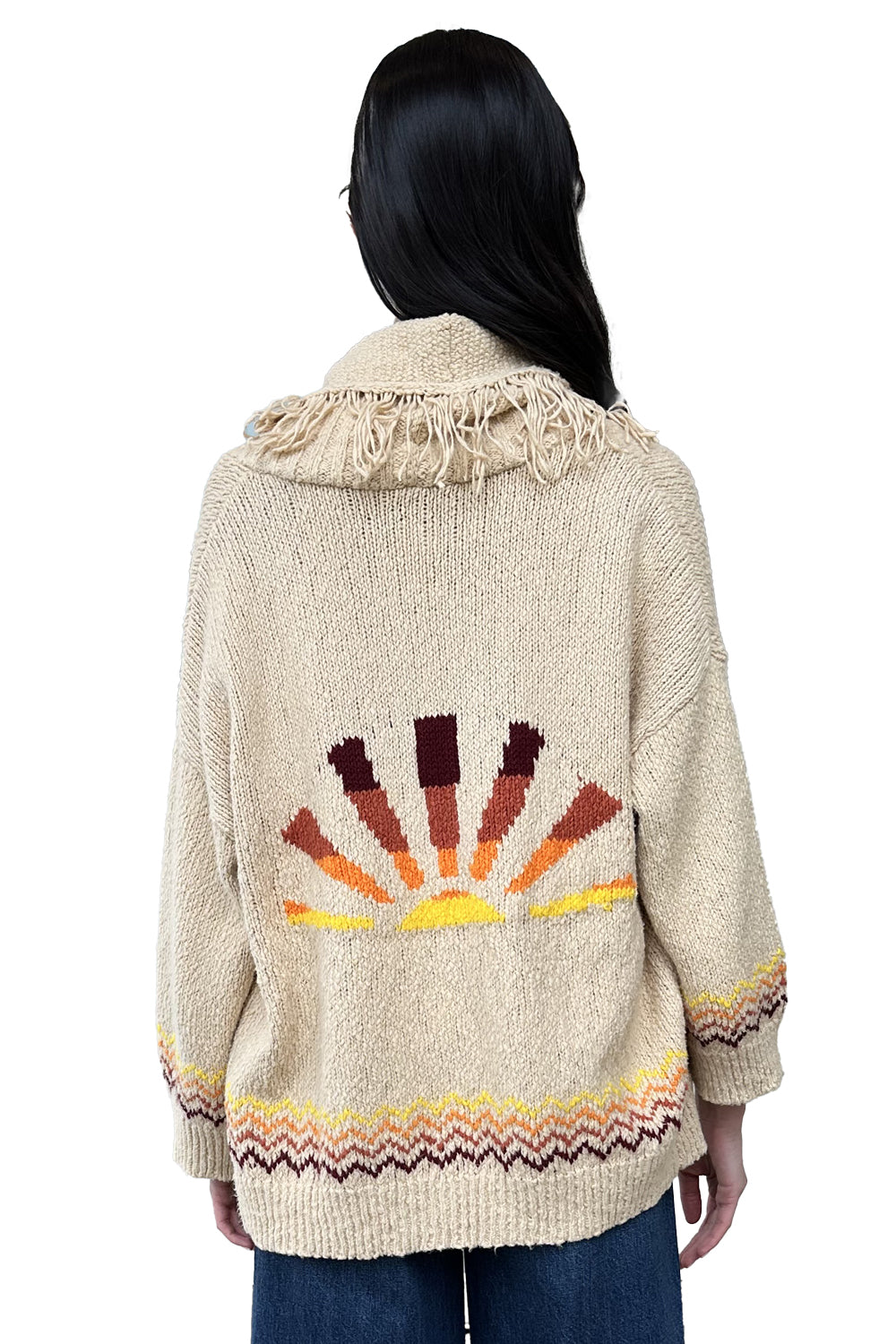 Sunrise Fringed Shawl Collar Throw in Crème Brulee Combo – Krista