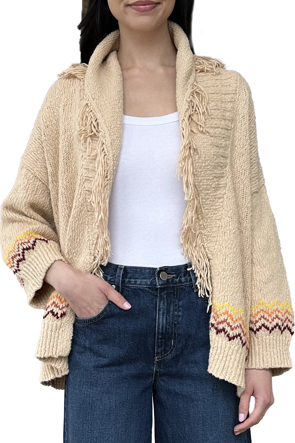 Sunrise Fringed Shawl Collar Throw in Crème Brulee Combo