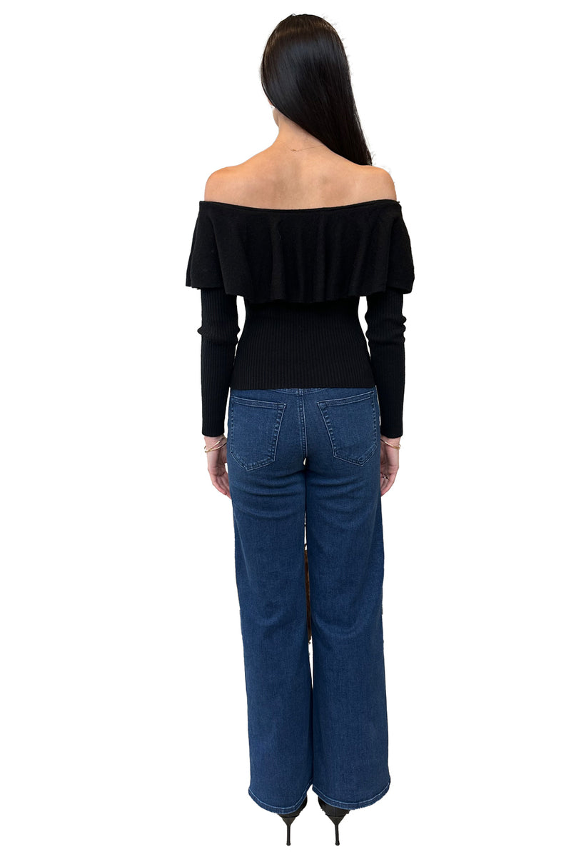 Rib Off Shoulder Ruffle Top in Black