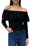 Rib Off Shoulder Ruffle Top in Black