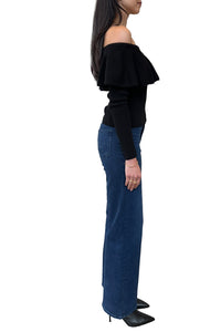 Rib Off Shoulder Ruffle Top in Black