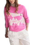 Snowscape with Skiers Sweater in Rasberry Combo