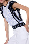 Striped Texture Stitch Crew with Ruffles in Navy Blue Combo