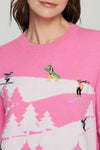 Snowscape with Skiers Sweater in Rasberry Combo