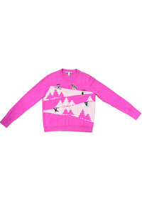Snowscape with Skiers Sweater in Rasberry Combo