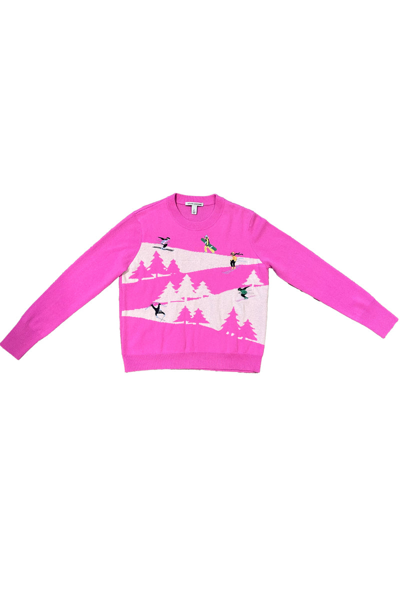 Snowscape with Skiers Sweater in Rasberry Combo