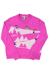 Snowscape with Skiers Sweater in Rasberry Combo