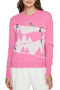 Snowscape with Skiers Sweater in Rasberry Combo