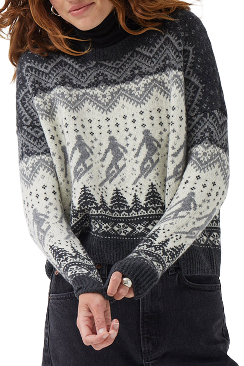 Boxy Jacquard Skiers Sweater in Charcoal Coin Combo