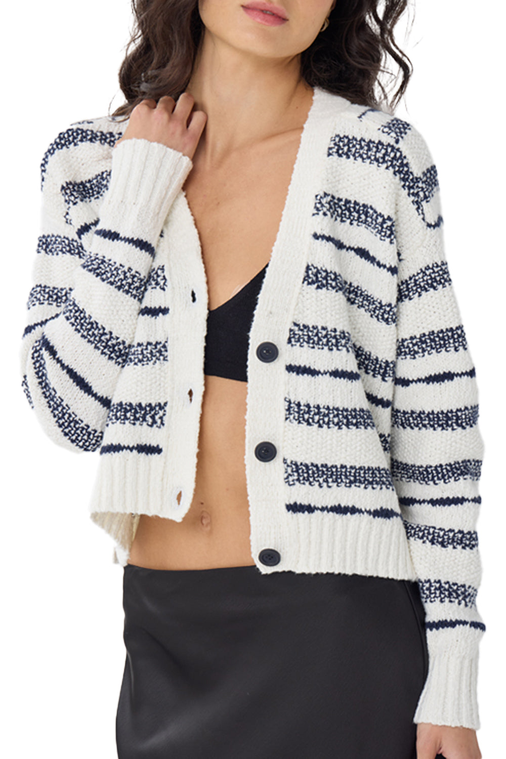 Cropped V Neck Cardigan in 2-Tone Texture Stitch White & Navy