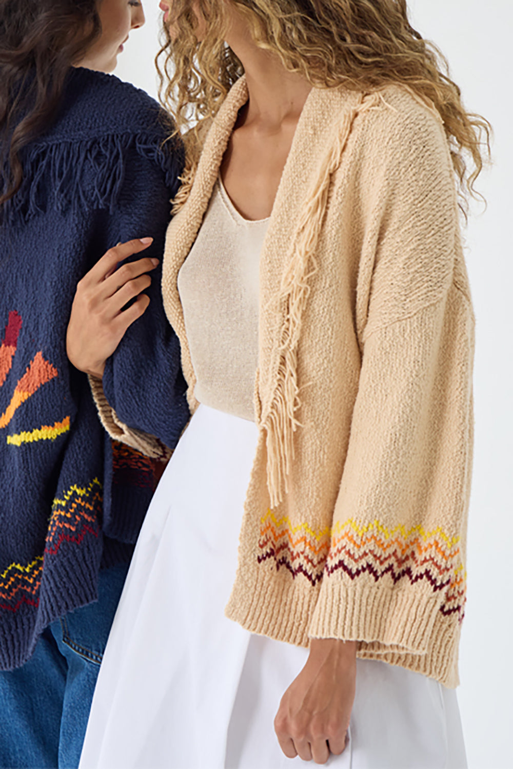 Sunrise Fringed Shawl Collar Throw in Crème Brulee Combo