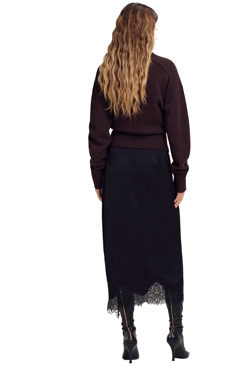 Bree Satin and Lace Midi Skirt in Black