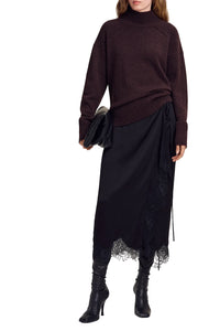 Bree Satin and Lace Midi Skirt in Black