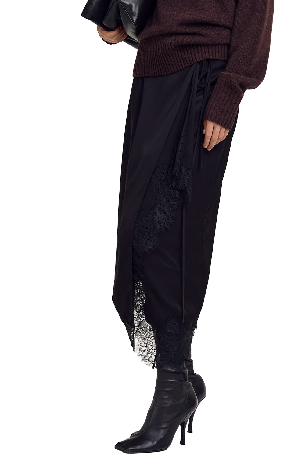 Bree Satin and Lace Midi Skirt in Black