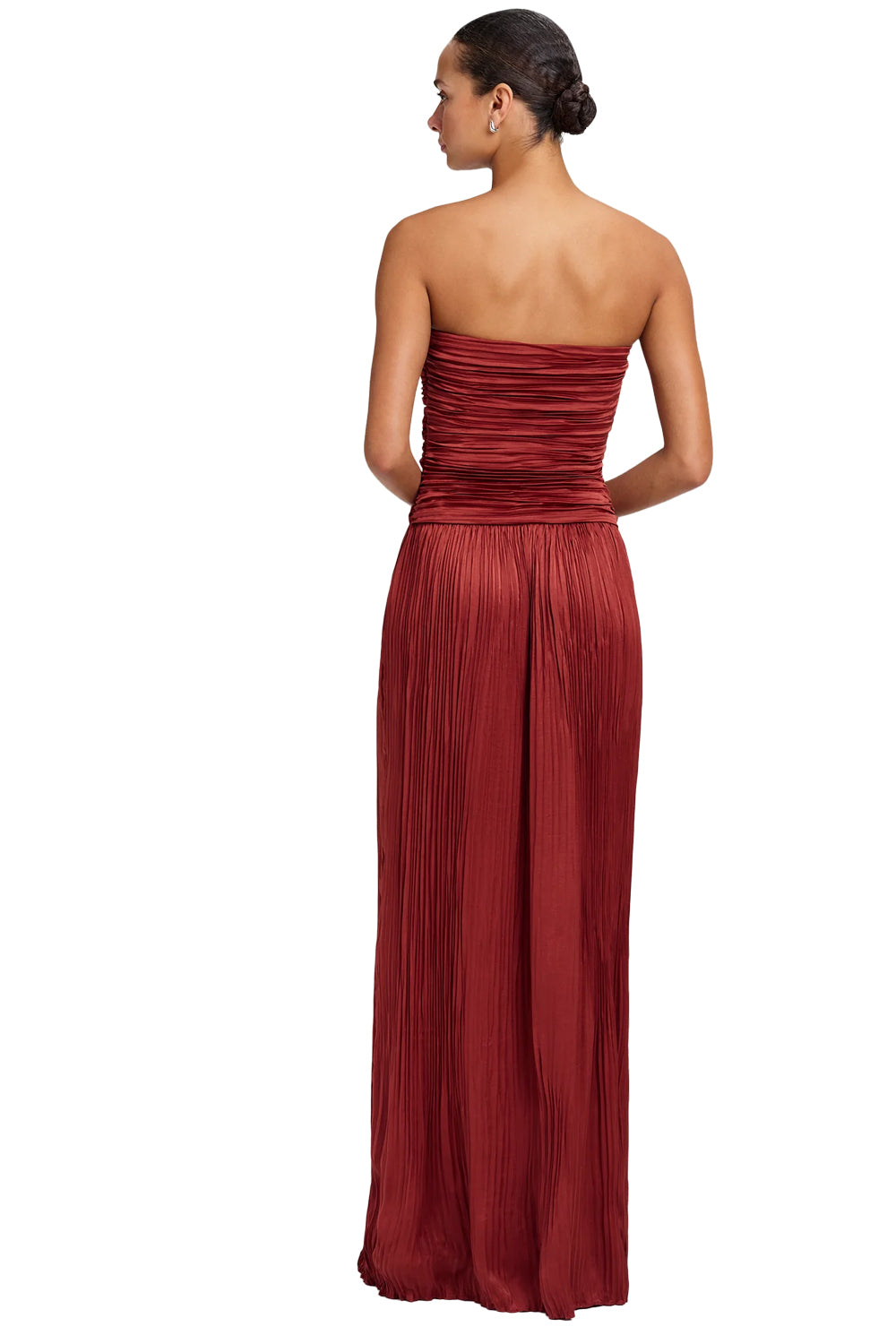 Brynn Strapless Pleated Satin Maxi Dress in Sandalwood
