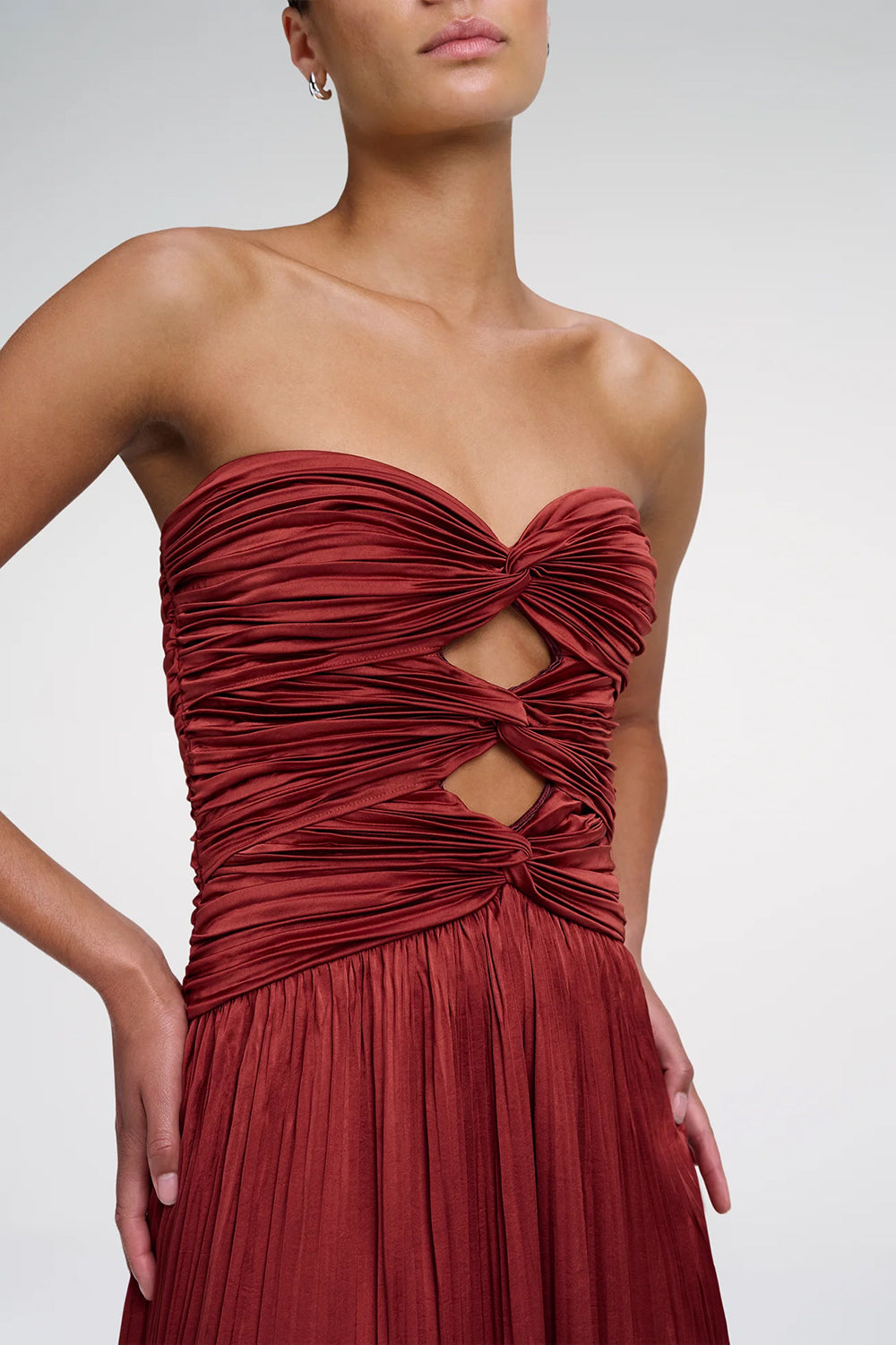 Brynn Strapless Pleated Satin Maxi Dress in Sandalwood