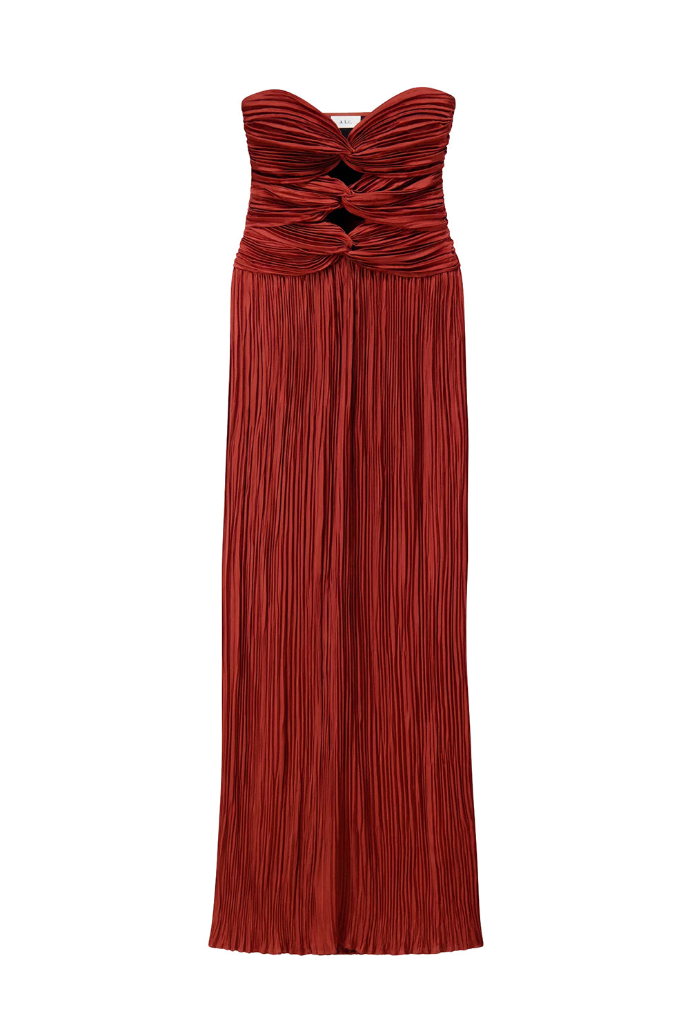 Brynn Strapless Pleated Satin Maxi Dress in Sandalwood