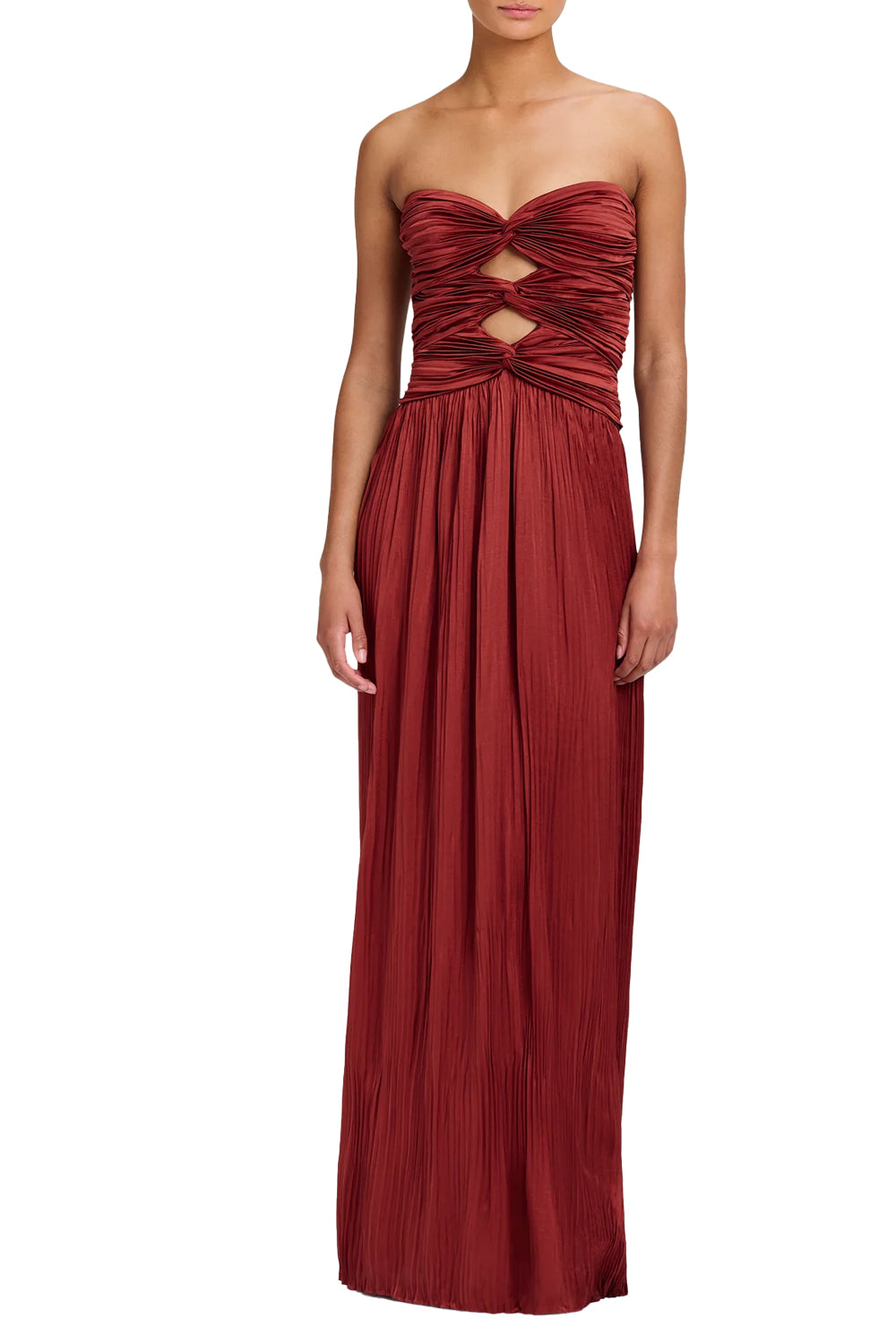 Brynn Strapless Pleated Satin Maxi Dress in Sandalwood