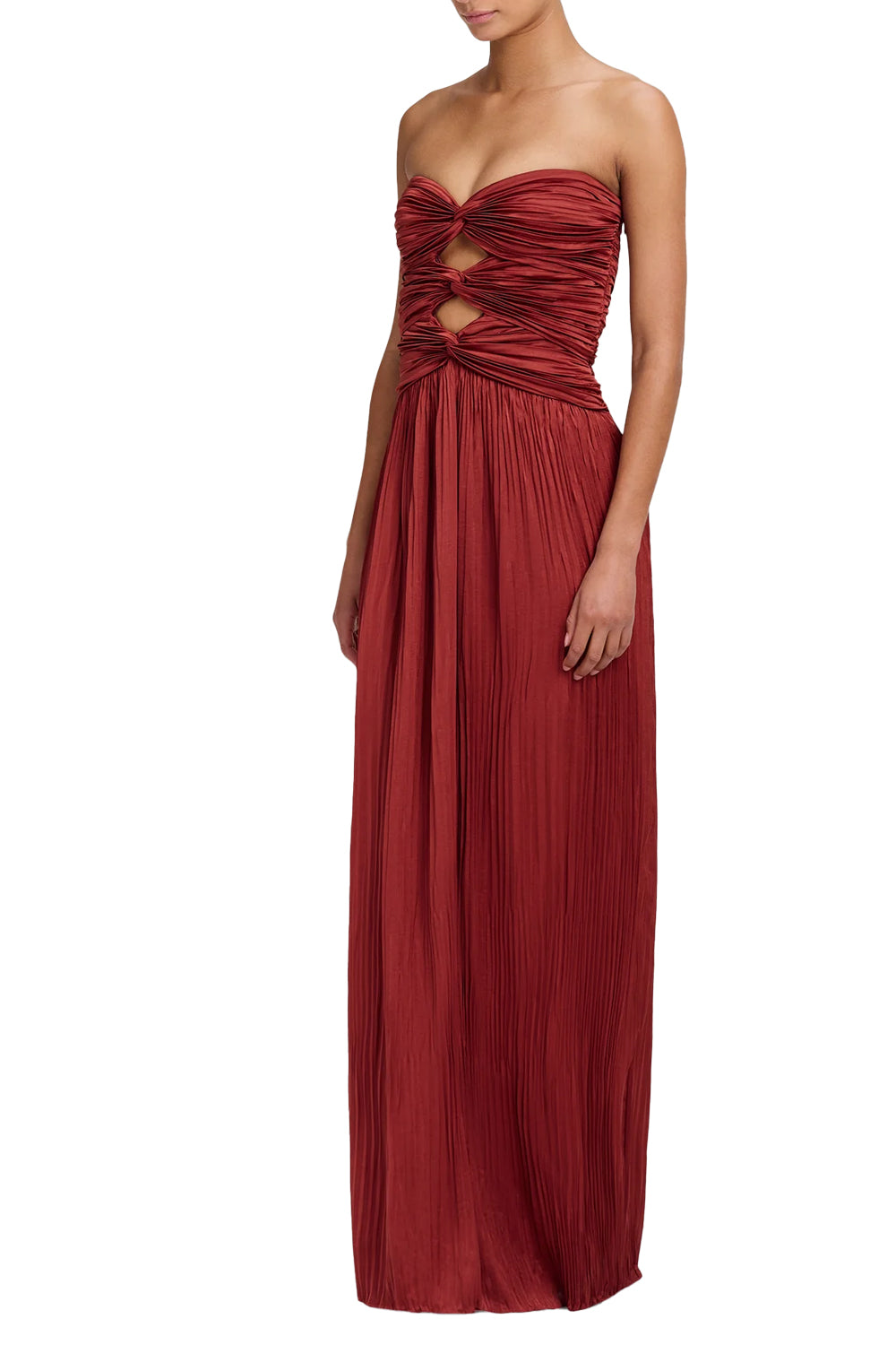 Brynn Strapless Pleated Satin Maxi Dress in Sandalwood
