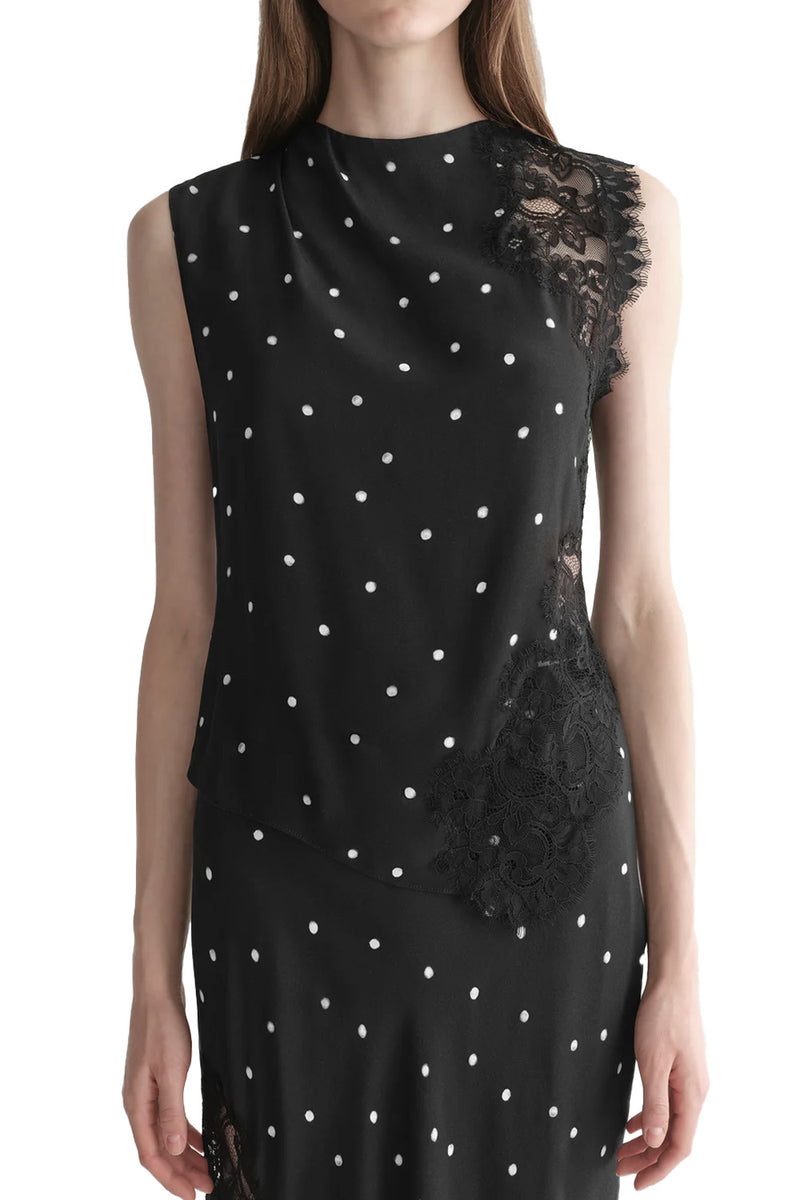 Gracie Polka Dot Crepe and Lace Top in Black Cream