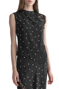 Gracie Polka Dot Crepe and Lace Top in Black Cream
