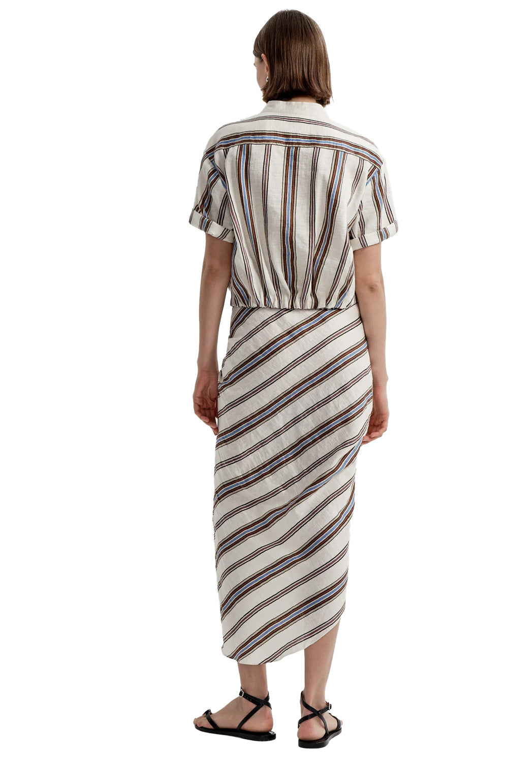 Leonore Short Sleeve Striped Linen Shirt in Panna Multi
